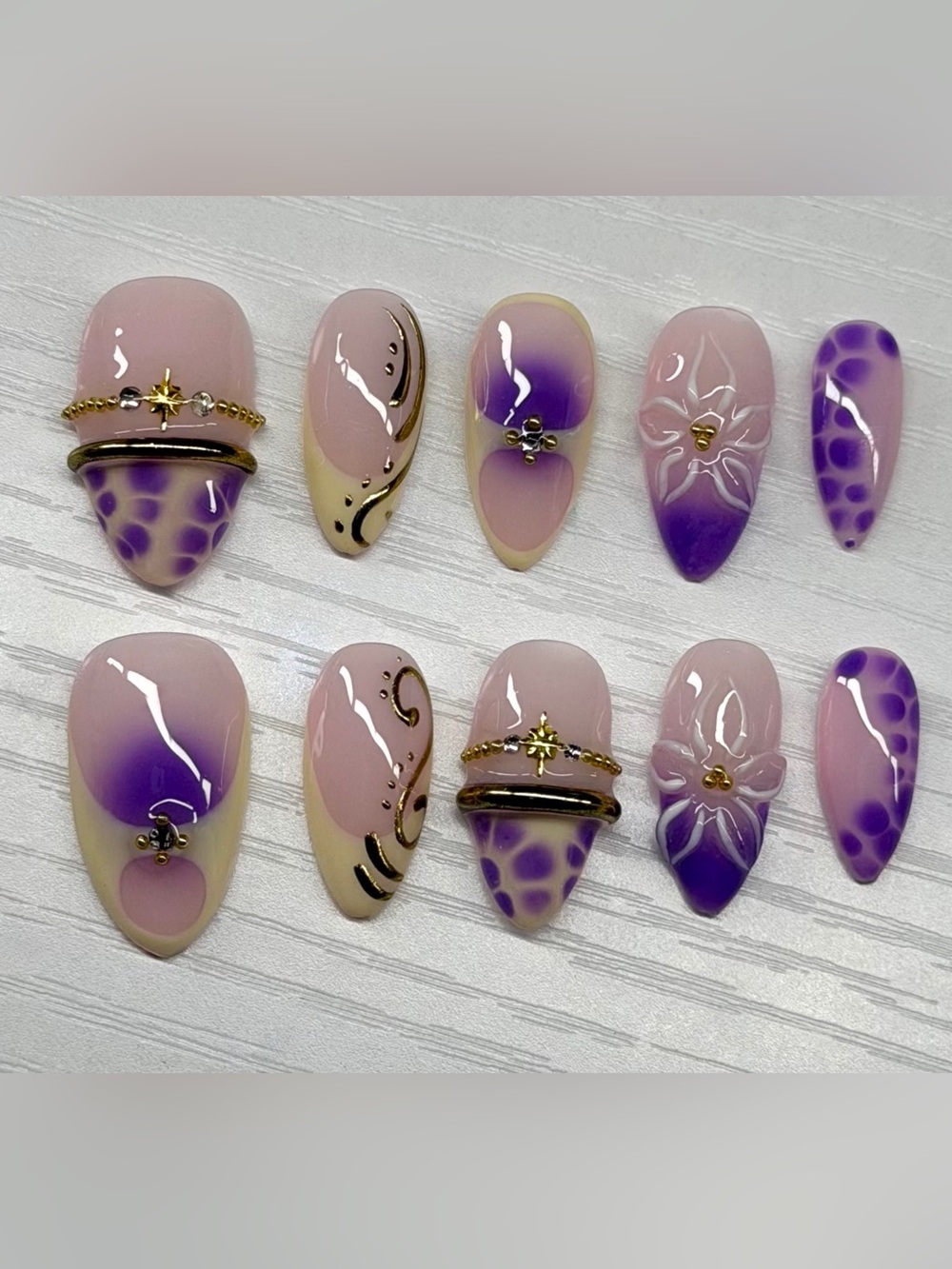 Purple, baby yellow & gold detailed press on nails